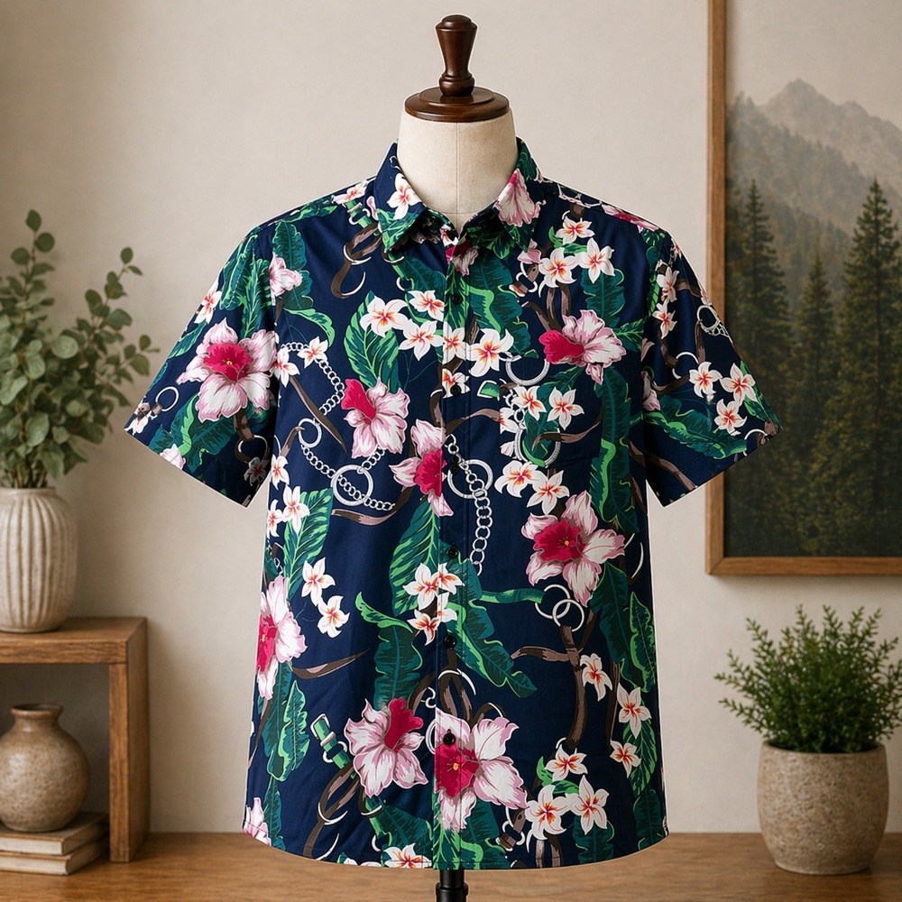 Mens Tropical Floral Chain Print Short Sleeve Button Up Shirt Navy L
